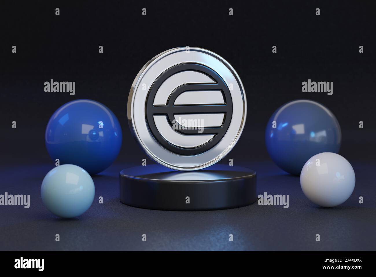 Buenos Aires, Argentina; 5 maggio 2024: Wordcoin in tre dimensioni su un podio. illustrazione 3d. Foto Stock