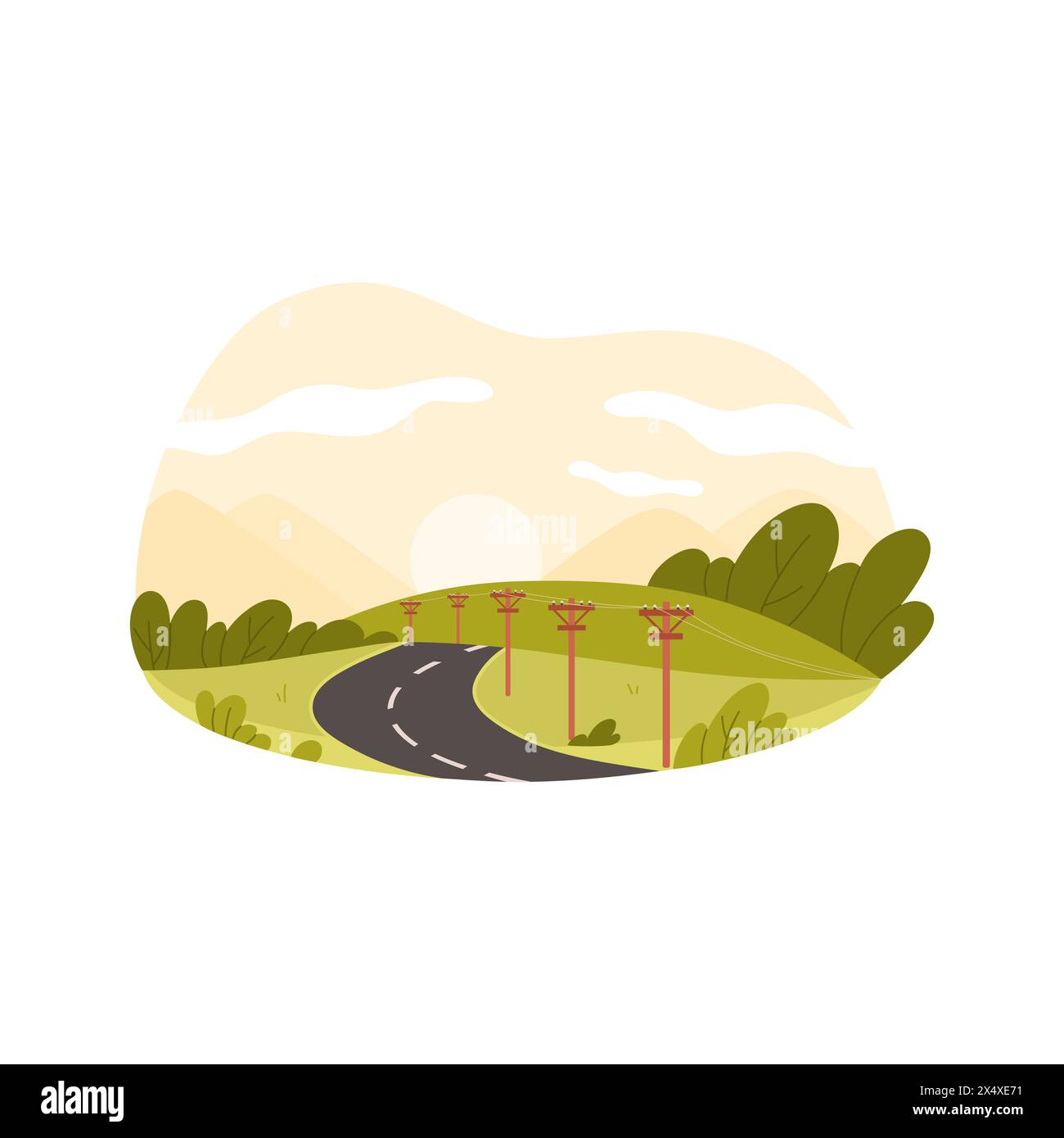 Paesaggio rurale, strada autostradale con pali telegrafici e linee elettriche illustrazione vettoriale Illustrazione Vettoriale