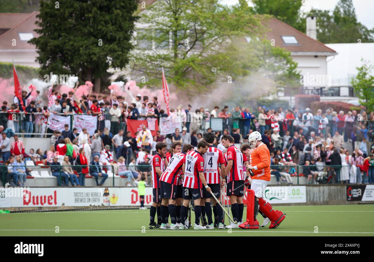 Bruxelles, Belgio. 5 maggio 2024. Giocatori di Leopold nella foto durante una partita di hockey tra il Royal Leopold Club e Gantoise, domenica 5 maggio 2024, a Bruxelles, una partita di ritorno nelle semifinali dei play-off del campionato belga di hockey di prima divisione. BELGA PHOTO VIRGINIE LEFOUR credito: Belga News Agency/Alamy Live News Foto Stock