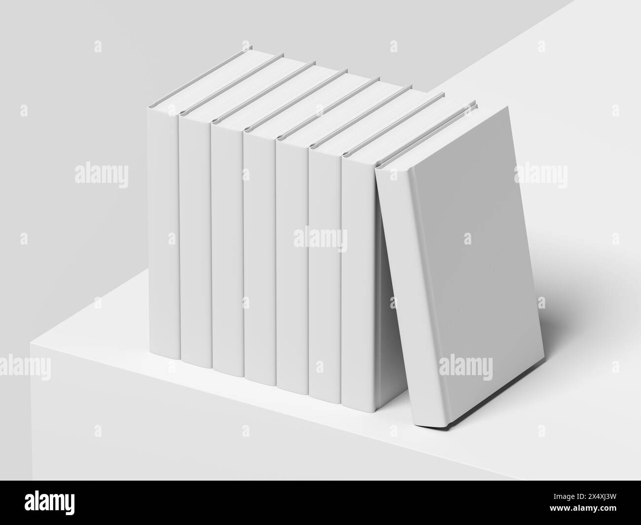 Otto libri isolati su sfondo bianco. Mockup. Vuoto. Espositore. illustrazione 3d. Foto Stock