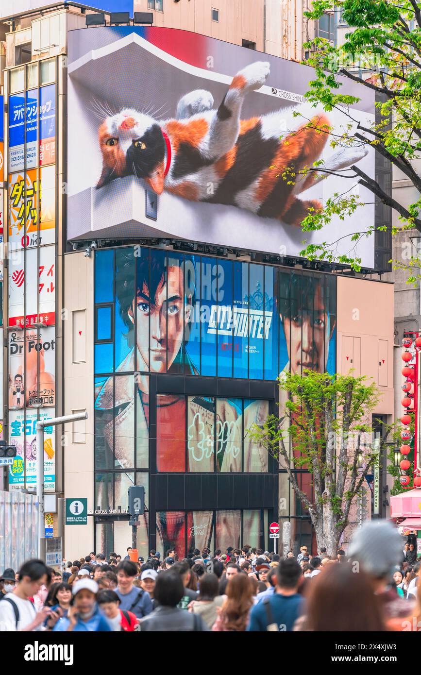 tokyo, giappone - aprile 28 2024: Poster del film Netflix "City Hunter" o "Nicky Larson" sotto il gigantesco gatto 3D calico sdraiato sulla schiena Foto Stock