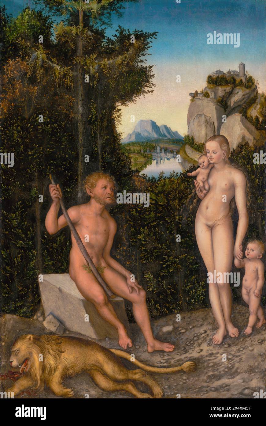 Pittura di Un Fauno e la sua famiglia con un Leone ucciso dal pittore tedesco Lucas Cranach il Vecchio circa 1526 olio su tavola capolavoro d'arte quadro del XVI secolo Foto Stock