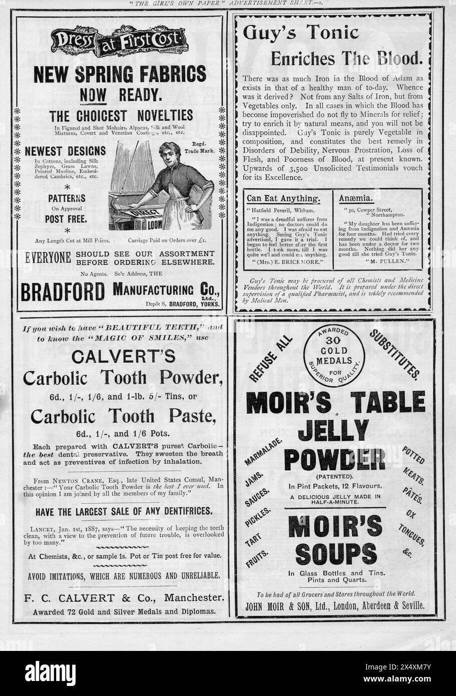 Pagina intera di annunci stampati sul giornale Girls Own aprile 1897, rivista inglese di epoca vittoriana, illustrazioni antiche d'epoca Foto Stock