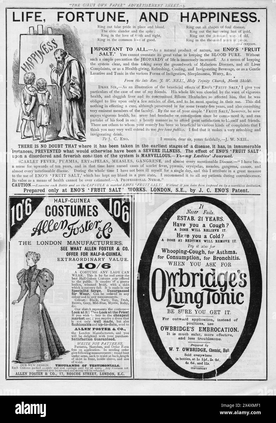 Pagina intera di annunci stampati sul giornale Girls Own aprile 1897, rivista inglese di epoca vittoriana, illustrazioni antiche d'epoca Foto Stock