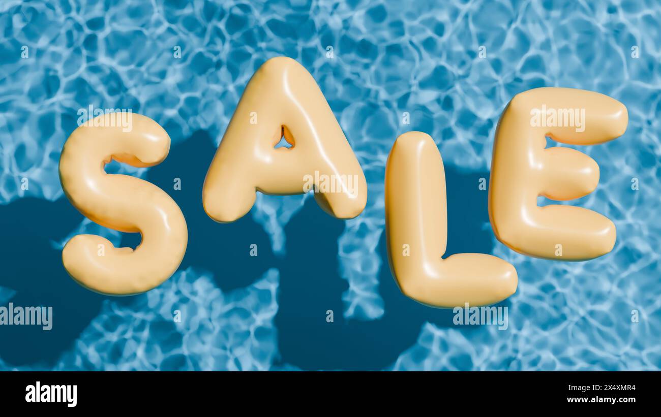Banner di saldi estivi. Parola gialla per la vendita gonfiabile in piscina. rendering 3d. Foto Stock