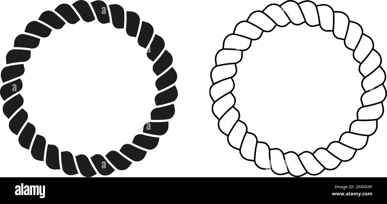 Telai rotondi neri e bianchi per funi. Cerchi di cavo, filo o cavo, spago o iuta isolati su sfondo bianco. Elementi di design sul tema marittimo, nautico da yacht. Illustrazione del profilo vettoriale. Illustrazione Vettoriale