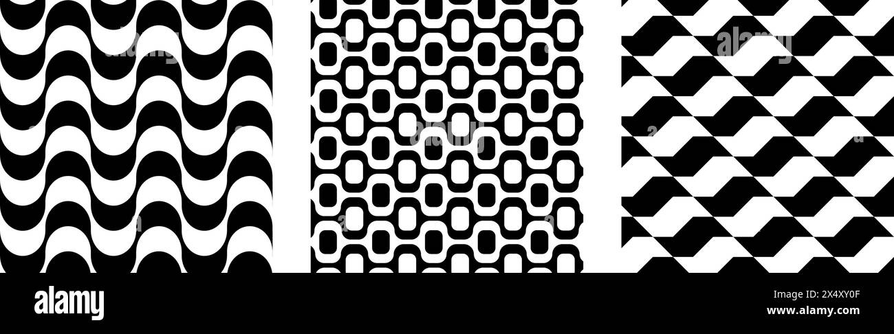 Copacabana, Ipanema e San Paolo. Famose passeggiate in spiaggia in Brasile. Texture a onde bianche e nere ripetute in stile portoghese. Illustrazione grafica vettoriale. Illustrazione Vettoriale