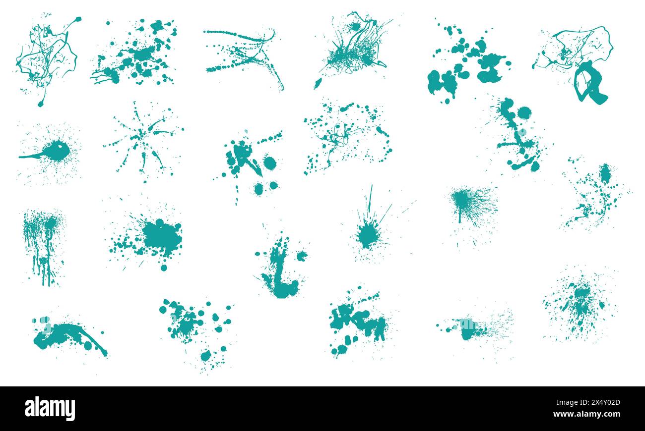 L'inchiostro gocciola e spruzza la vernice liquida gocciola gocciola macchia di inchiostro sporca artistica. Illustrazione Vettoriale