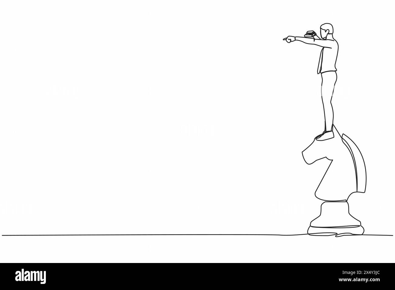 Disegno di un uomo d'affari su un pezzo di scacchi a cavallo con telescopio in cerca di successo, opportunità, tendenze future. Strategia aziendale Illustrazione Vettoriale