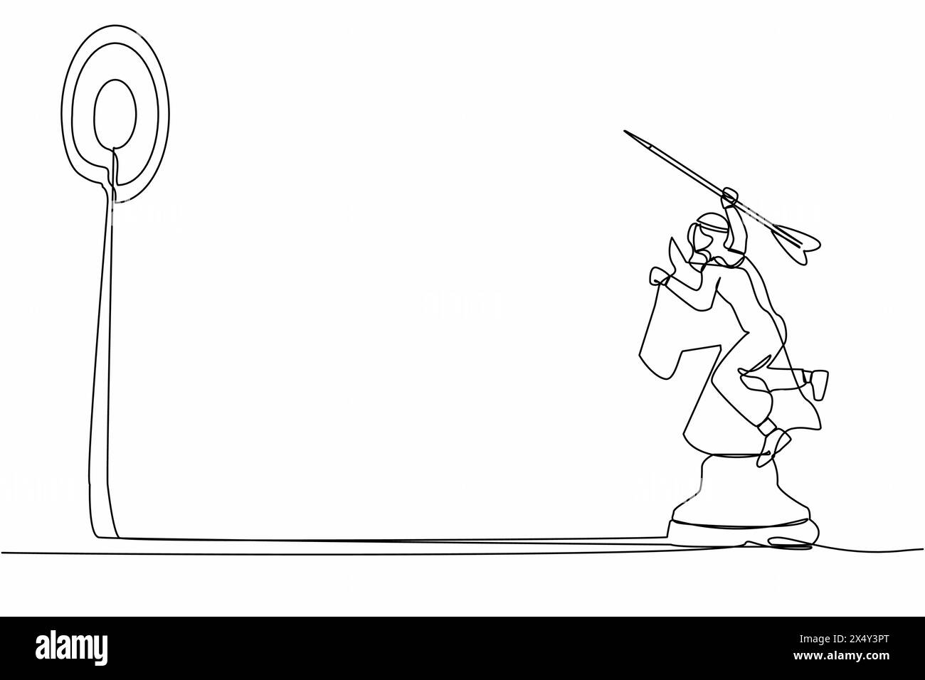 Precisione di disegno su una linea continua uomo d'affari arabo che tiene la freccia del dardo e il bersaglio di mira mentre cavalca un pezzo di scacchi. Successo come manager Illustrazione Vettoriale