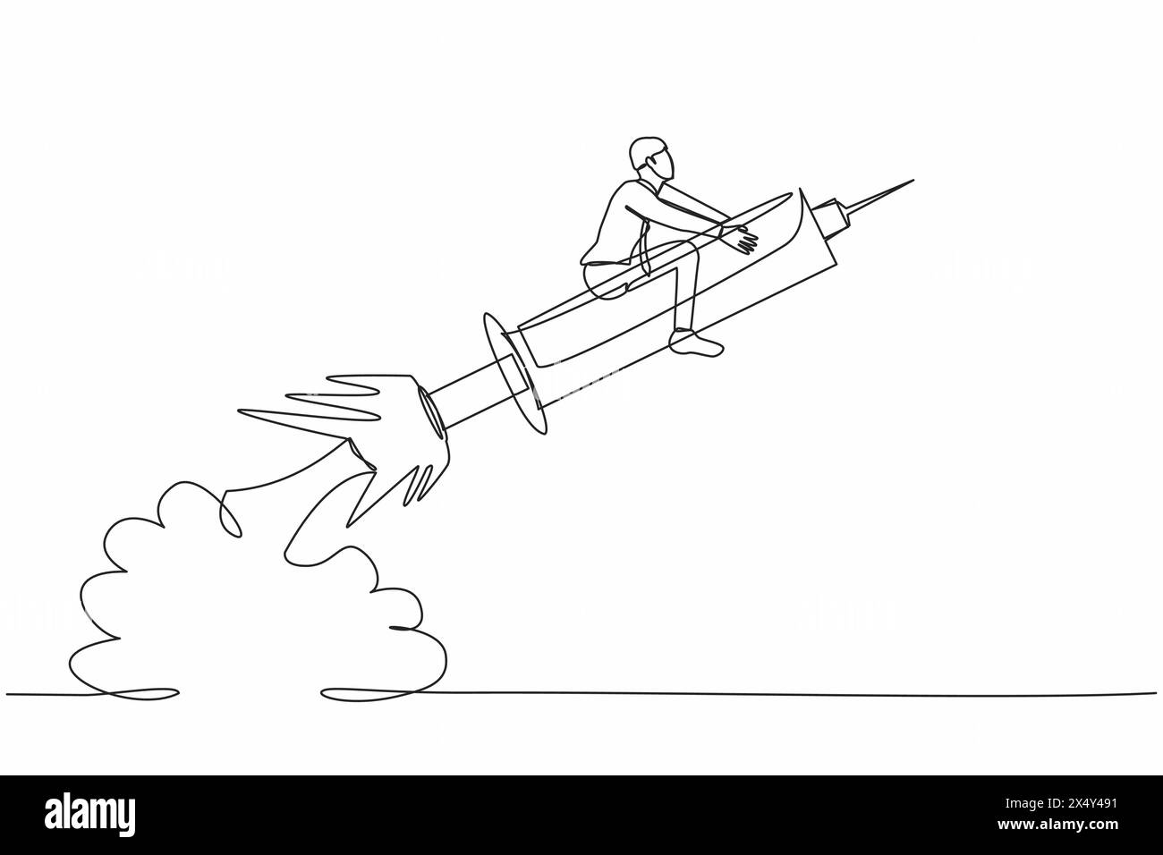 Un disegno continuo di un uomo d'affari che cavalca un razzo a siringa che vola nel cielo. Concetto di potenziare la salute, i vaccini, i virus, la medicina. Dynami Illustrazione Vettoriale