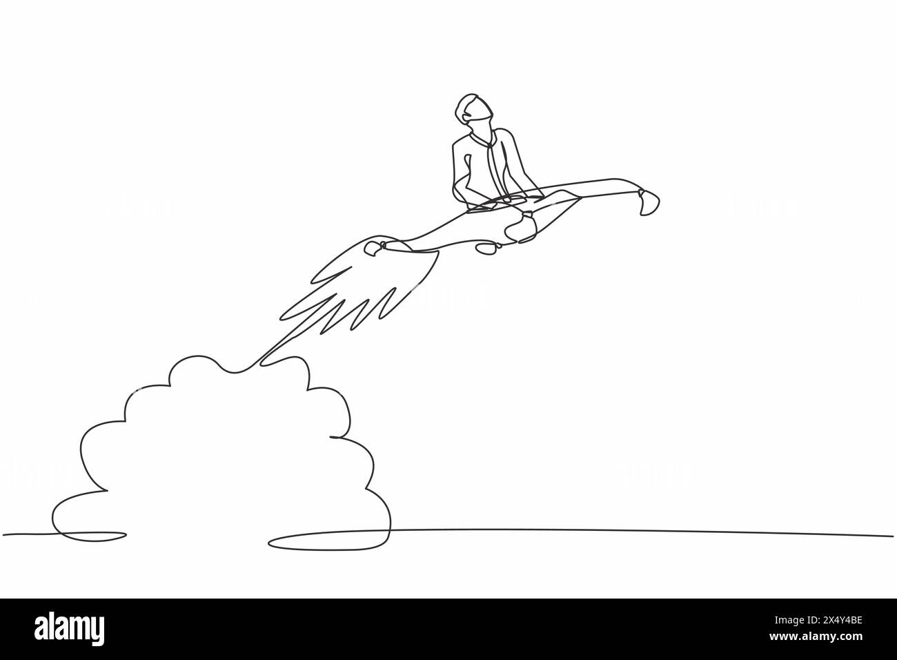 Linea singola continua che disegna un uomo d'affari che cavalca un razzo magico che vola nel cielo. Concetto di accelerazione aziendale di startup. Aumentare la crescita delle vendite Illustrazione Vettoriale