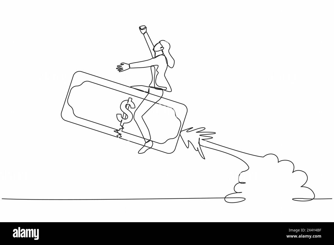 Donna d'affari con una sola linea in sella a un razzo di banconote che vola nel cielo. Accelerazione del business per realizzare profitti o crescita finanziaria Illustrazione Vettoriale