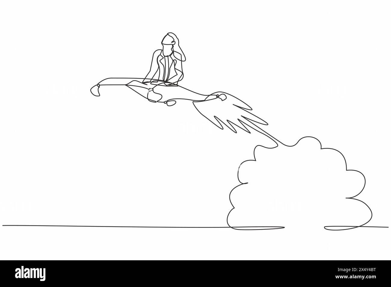 Una sola linea che attira una donna d'affari che cavalca un razzo magico in volo nel cielo. Lanciare una nuova attività tessile. Accelerazione o aumento della crescita delle vendite Illustrazione Vettoriale