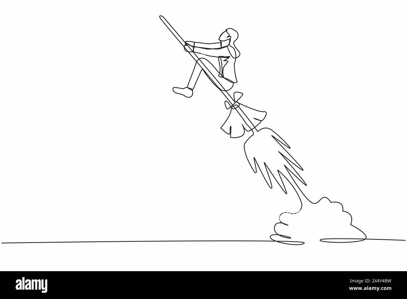 Una sola linea continua disegna una donna d'affari che cavalca un razzo a scopa che vola nel cielo. Avvio di un'azienda di successo. Prodotti magici in Marke Illustrazione Vettoriale