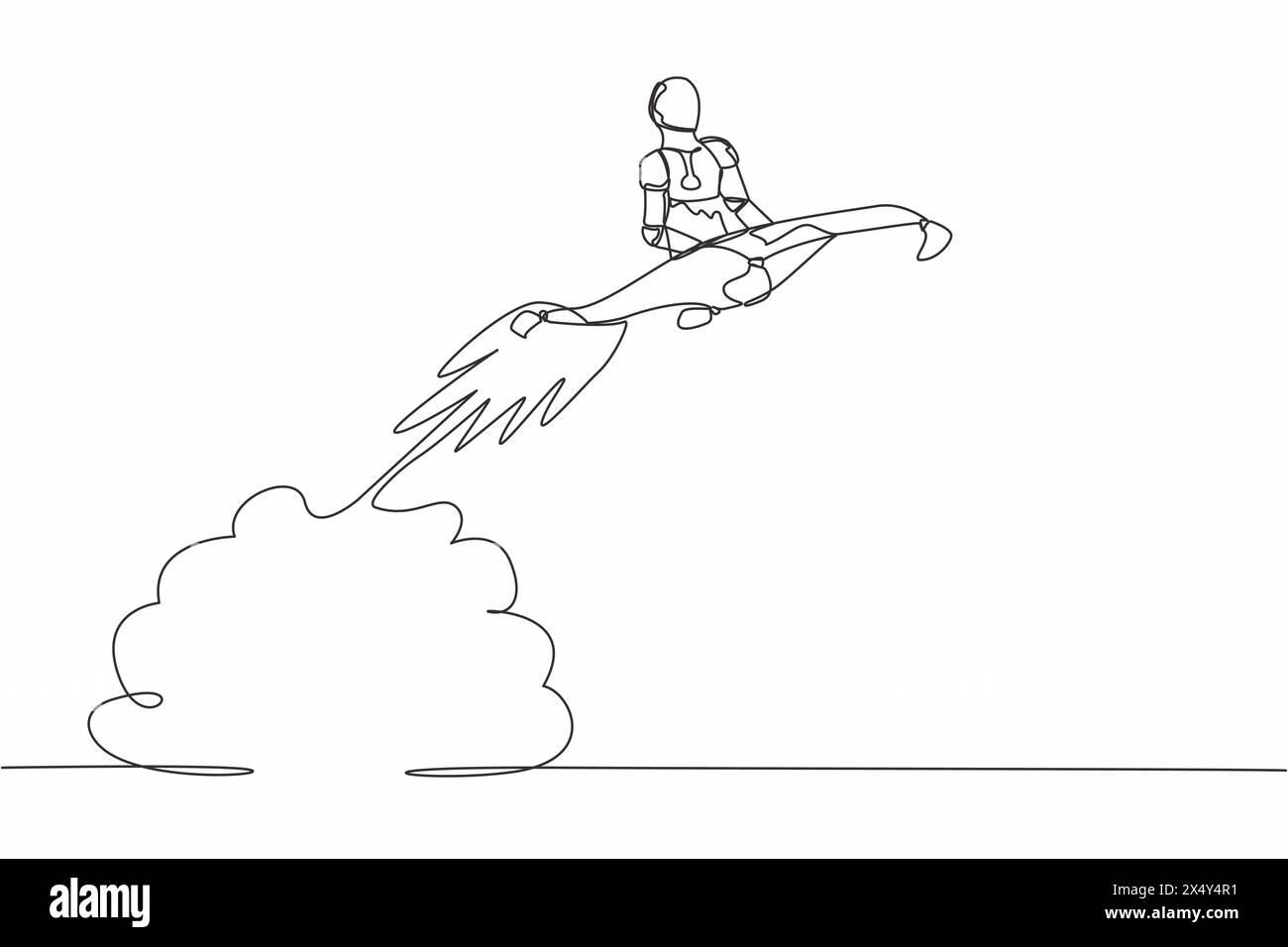 Una sola linea che disegna un robot cavalcando un razzo magico tappeto che vola nel cielo. Accelerazione del business tecnologico. Moderna intelligenza artificiale robotica. Contin Illustrazione Vettoriale