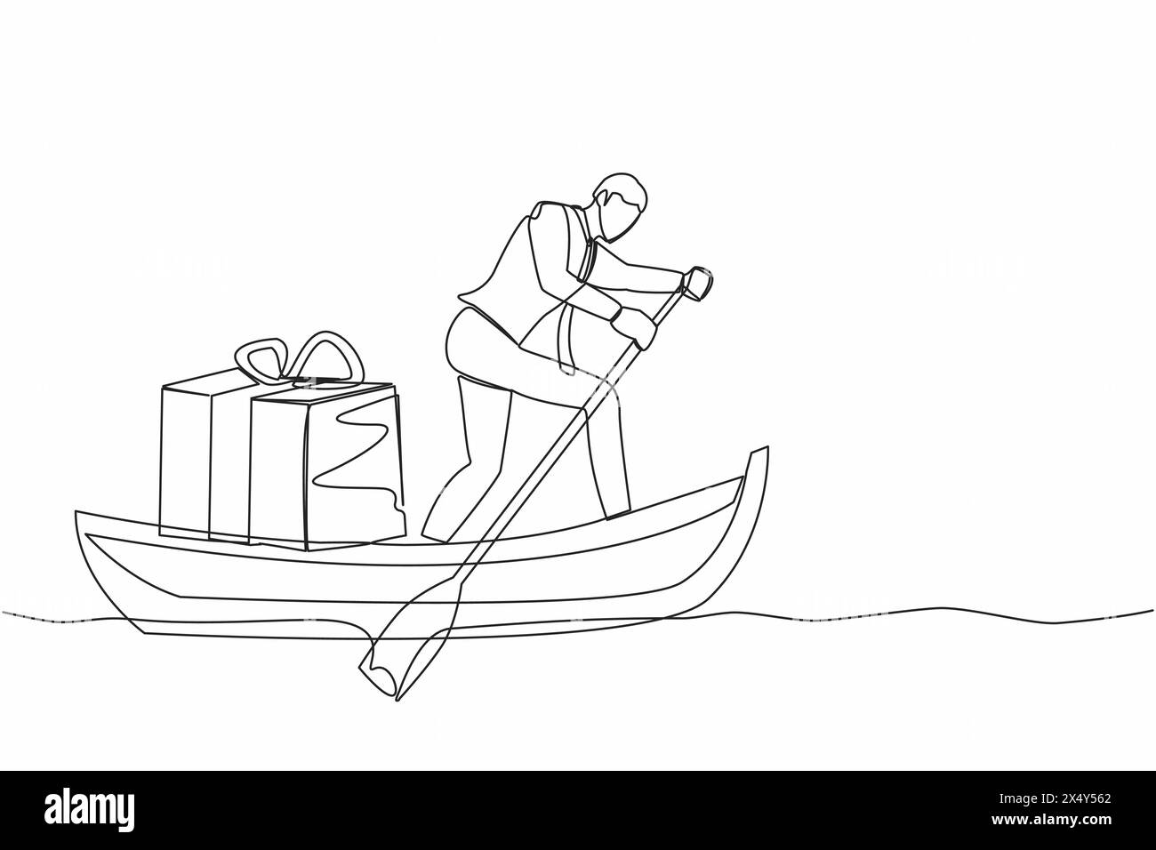 Disegno a linea singola continua di un uomo d'affari in piedi in barca e a vela con confezione regalo. Premiare i dipendenti in sospeso. Apprezzamento da parte di co Illustrazione Vettoriale