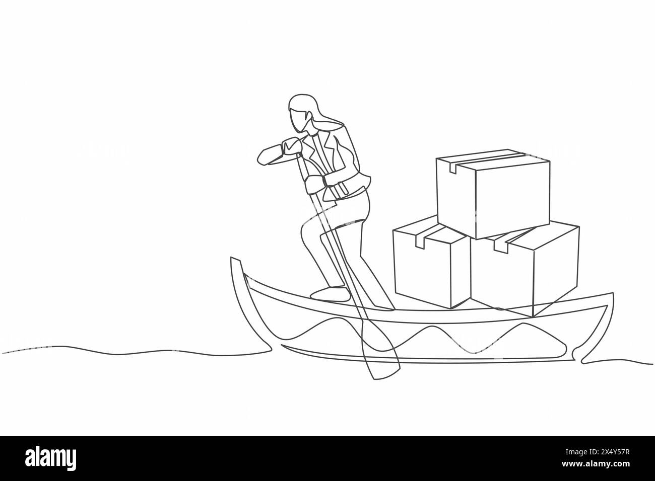 Una linea continua che attira una donna d'affari che naviga in barca con un mucchio di cartone. Trasporto sull'oceano. Spedizione di articoli in barca a vela. Illustrazione Vettoriale