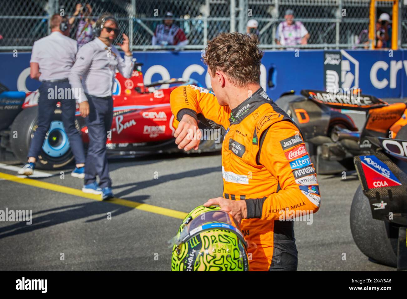 Miami Gardens, Florida, Stati Uniti. 5 maggio 2024. Fine gara. 1° posto: 4 Lando Norris (GBR) McLaren; 2° posto: 1 Max Verstappen (NED) Red Bull Racing; 3° posto: 16 Charlez Leclerc (MON) Ferrari. GP di F1 Miami all'autodromo di Miami a Miami Gardens, Florida, Stati Uniti. Crediti: Yaroslav Sabitov/YES Market Media/Alamy Live News. Foto Stock