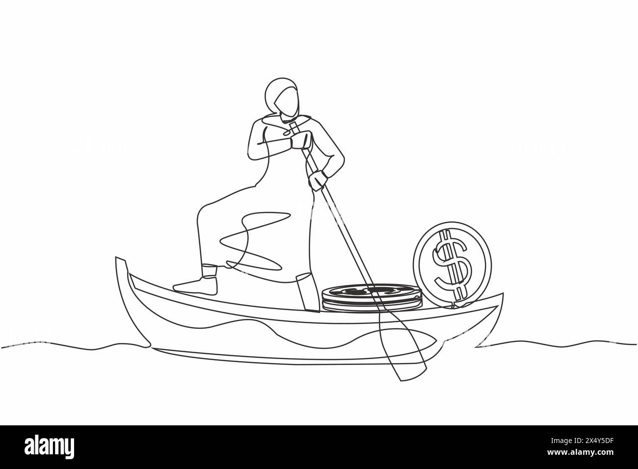 Linea singola continua che disegna una donna d'affari araba in piedi in barca e in barca a vela con una pila di moneta d'oro. Imprenditore investitore di successo. Gol Illustrazione Vettoriale