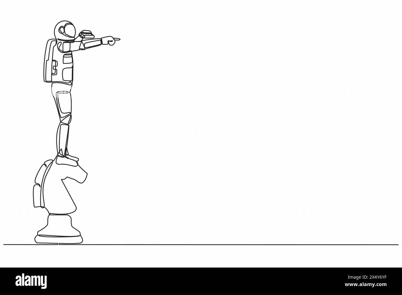 Una sola linea che disegna l'astronauta sul grande pezzo di scacchi del cavallo usando il binoculare. In cerca di una nuova spedizione. Concetto spaziale della galassia cosmica. Moderno Illustrazione Vettoriale