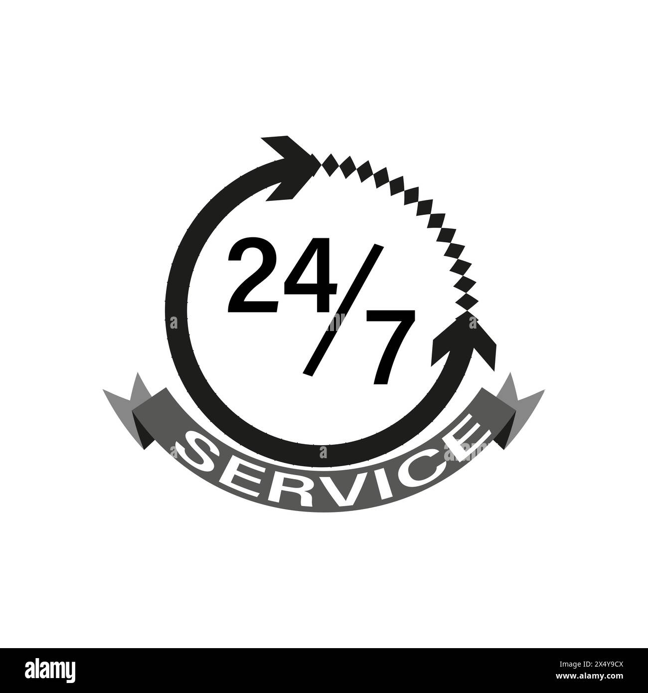 Icona di manutenzione continua. 24 7 simbolo del vettore di supporto. Segnale di funzionamento continuo. Design aziendale in bianco e nero. Illustrazione Vettoriale