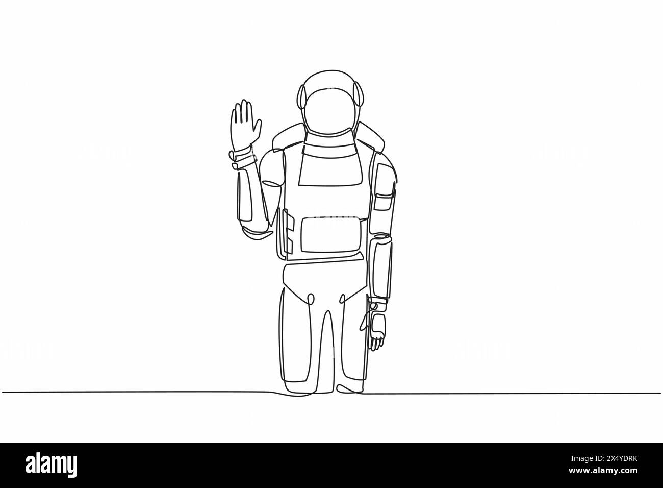 Linea singola continua che disegna un giovane astronauta in piedi con il palmo come segnale di arresto, rimanere, trattenere, gesto di rifiuto. Concetto di cosmonauta nello spazio profondo. Dinamica Illustrazione Vettoriale