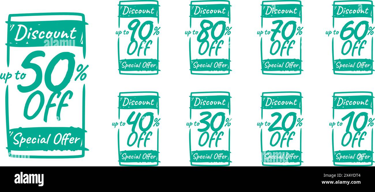Offerta speciale con sconto percentuale di valore diverso. 90, 85, 80, 75, 70, 65, 60, 55, 50, 45, 40, 35, 30, 25, 20, 15,10% di riduzione del prezzo Illustrazione Vettoriale