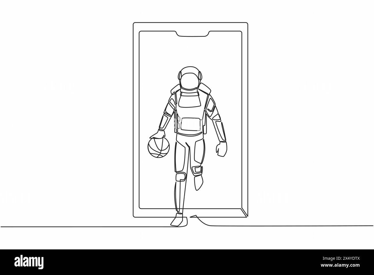 Una linea continua disegna un giocatore di basket astronauta che corre e dribbling con la palla fuori dallo schermo dello smartphone. App basket. Spac. Esterno cosmonauta Illustrazione Vettoriale