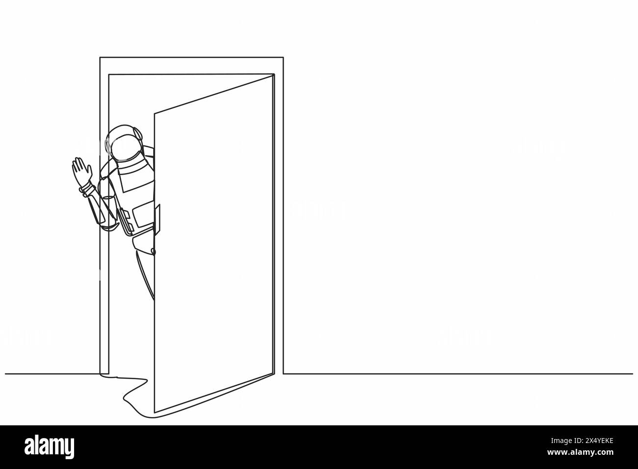 Una sola linea che disegna un giovane astronauta che guarda da dietro la porta aperta sulla superficie lunare. Spaceman sbircia le mani delle porte e delle onde. Spazio della galassia cosmica. C Illustrazione Vettoriale