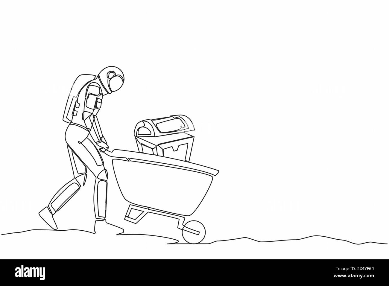 Una sola linea disegna un astronauta che spinge il carrello con il petto del tesoro sulla superficie lunare. Carriola con oro, gioielli e tesori. Spazio della galassia cosmica. C Illustrazione Vettoriale