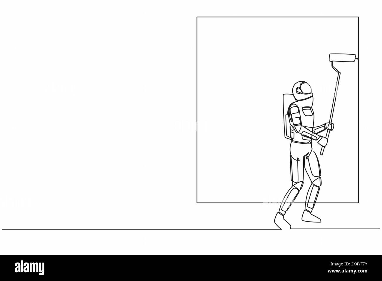 Una sola linea disegna astronauta pittore decoratore al lavoro. Decorazioni future per le case. Preparazione riparazione a domicilio sulla superficie lunare. Spazio della galassia cosmica Illustrazione Vettoriale