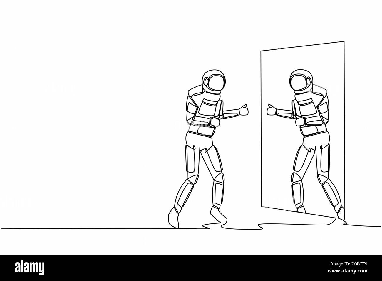 L'astronauta continua con una sola linea disegna lo specchio con un gesto verso l'alto. Felice astronauta nell'esplorazione galattica. Esterno cosmonauta S Illustrazione Vettoriale