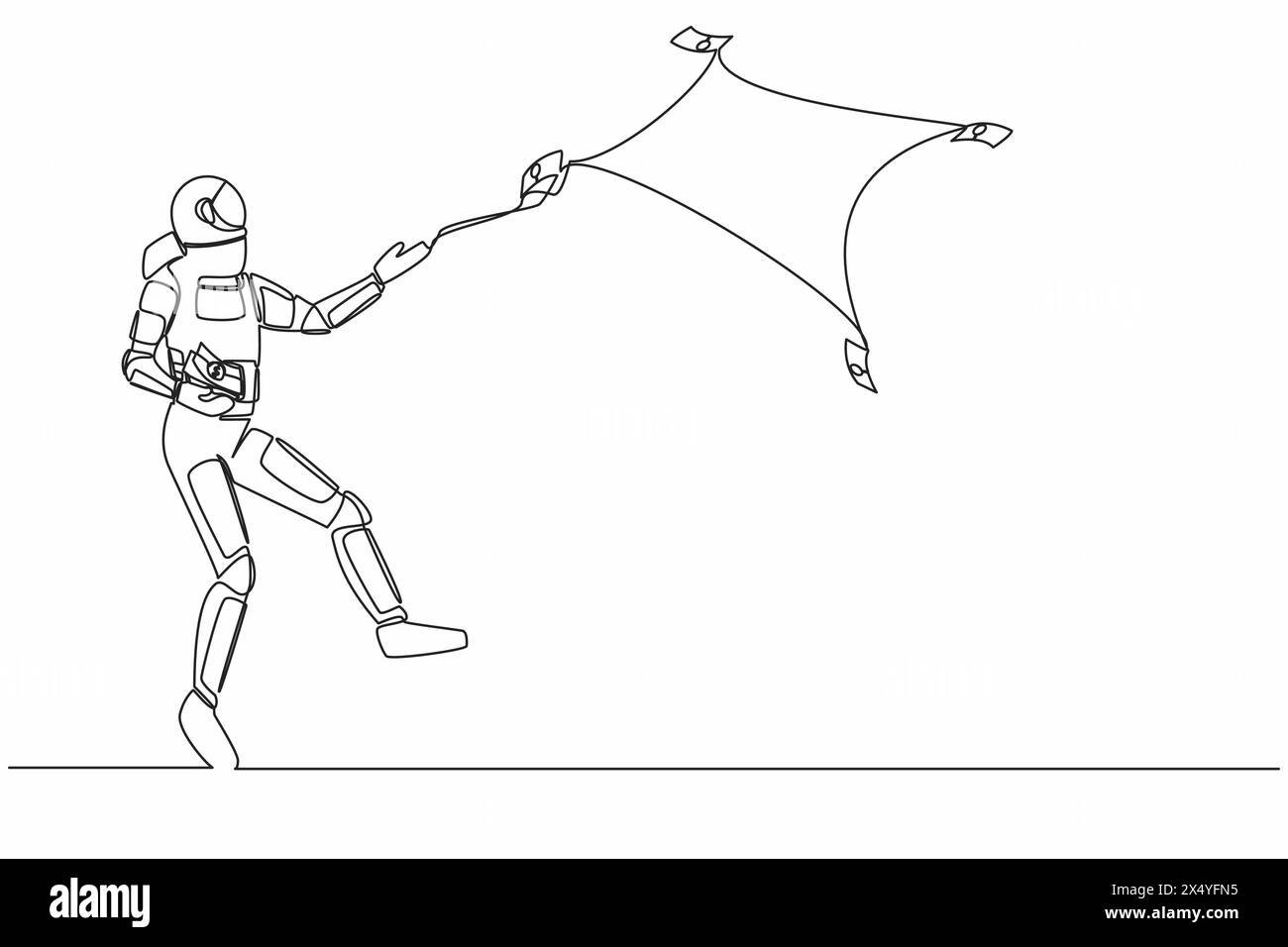Una sola linea che disegna l'astronauta buttare fuori dalle banconote in volo. Sprechi nella realizzazione di progetti di spedizione spaziale. Galassia cosmica S. Illustrazione Vettoriale