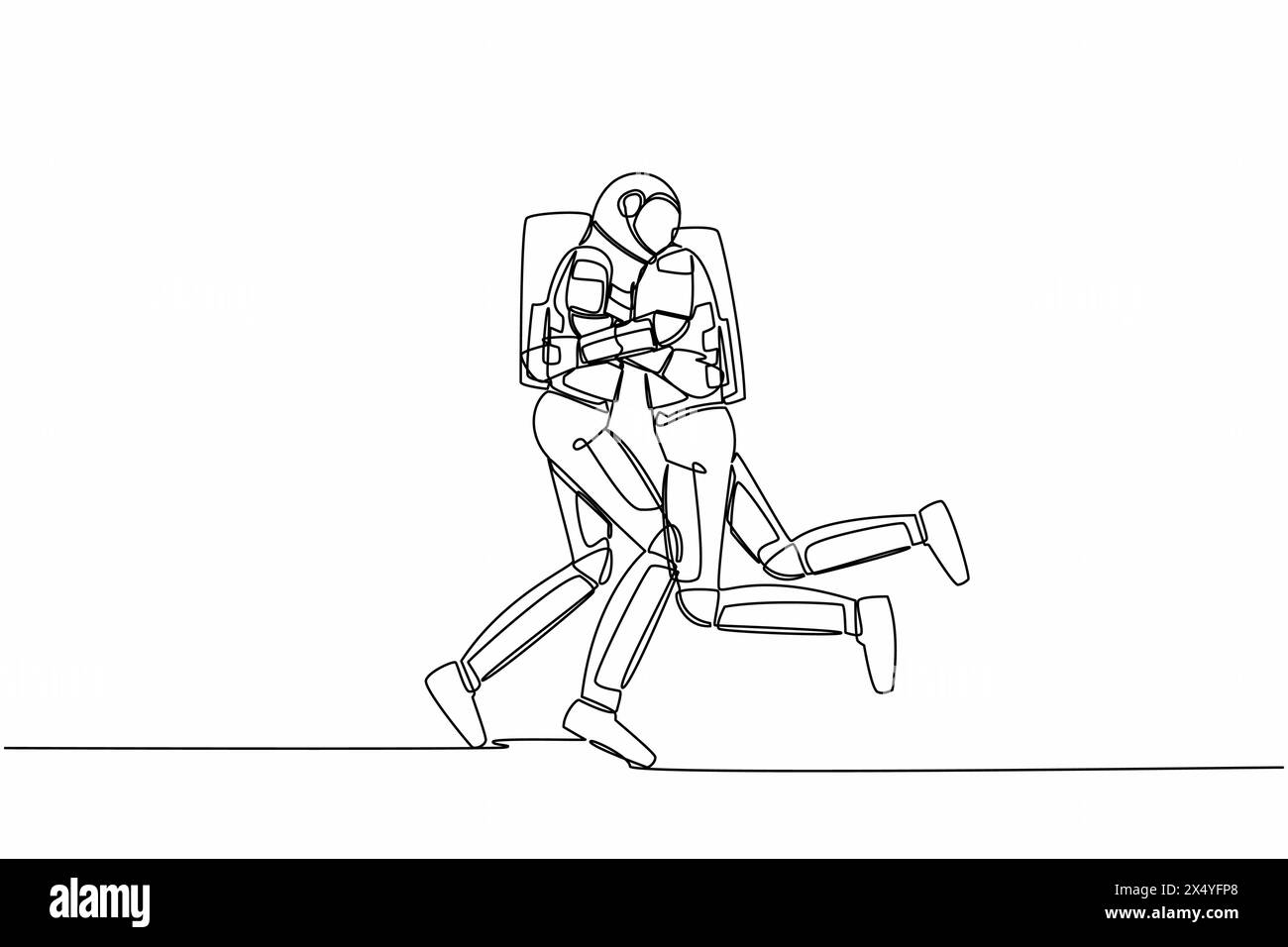 Continua una linea che disegna il giovane astronauta salta e abbraccia il suo amico. Felicità tra due amici. Riunione dopo anni di distanza. Cosmonauta nello spazio Illustrazione Vettoriale