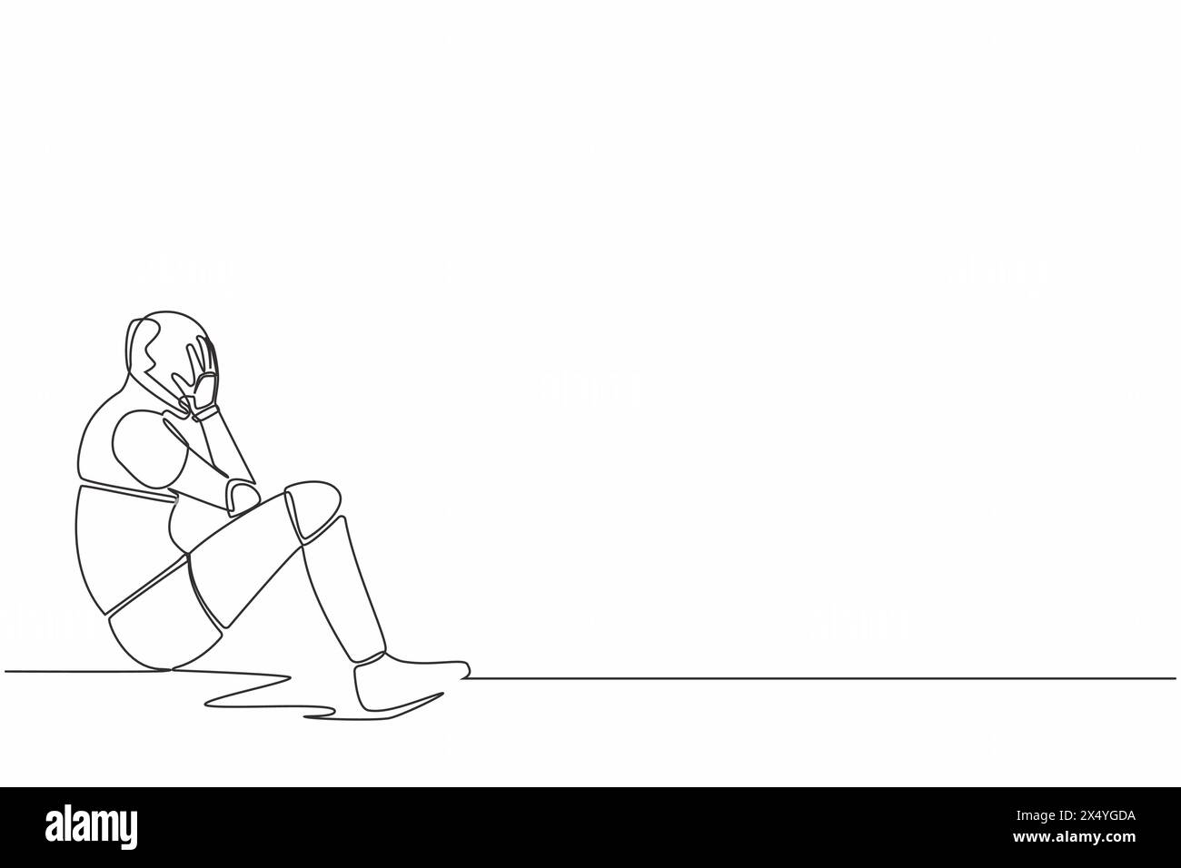 Un robot che disegna una linea continua copre il suo viso, sentendosi triste e depresso seduto sul pavimento. Organismo cibernetico umanoide. Futuro develo robotico Illustrazione Vettoriale