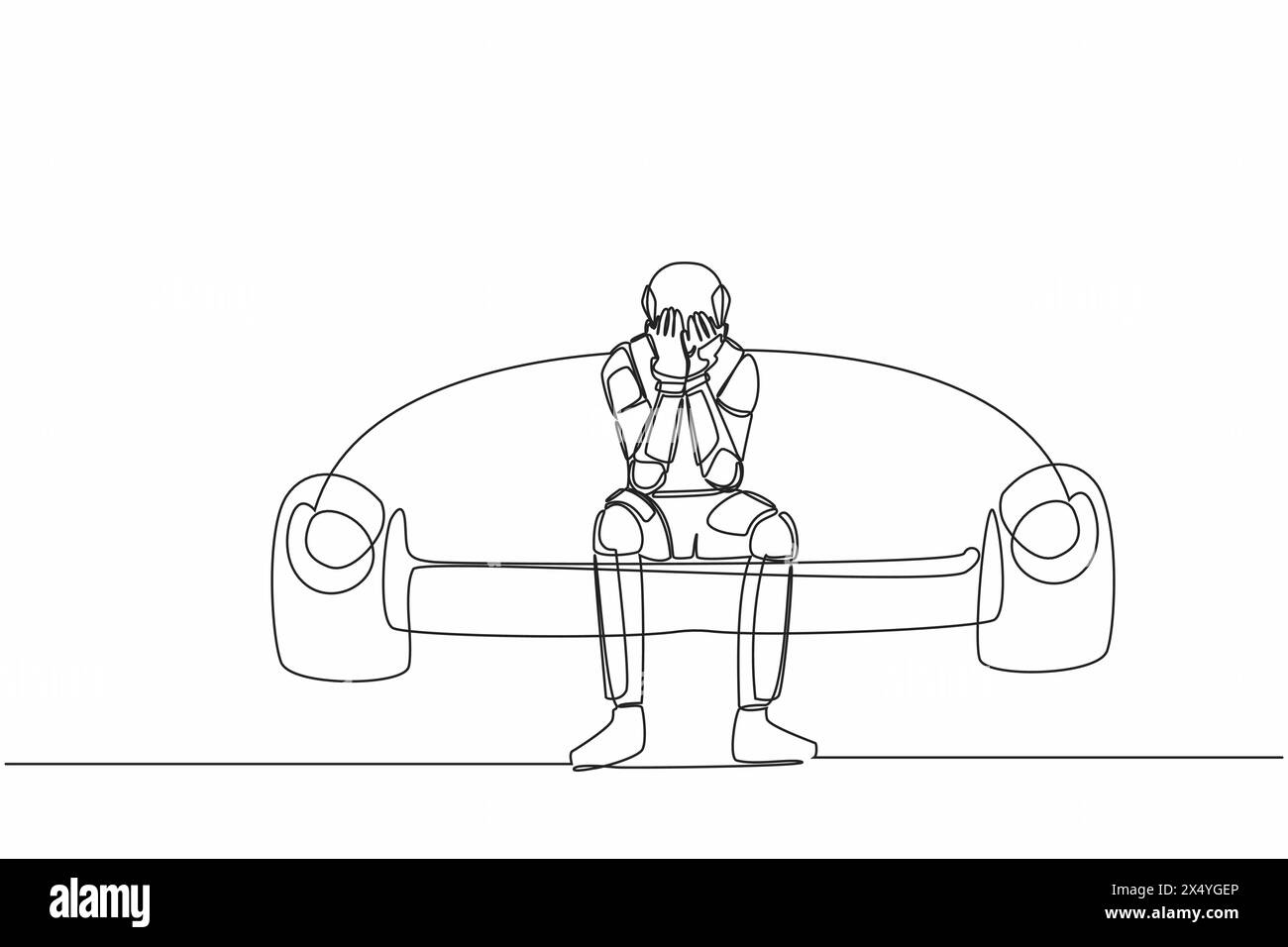 Una sola linea disegna un astronauta seduto sul divano con la faccia coperta, sentendosi in colpa a causa di un fallimento nell'esplorazione del tunnel spaziale. Spazio della galassia cosmica. Conti Illustrazione Vettoriale