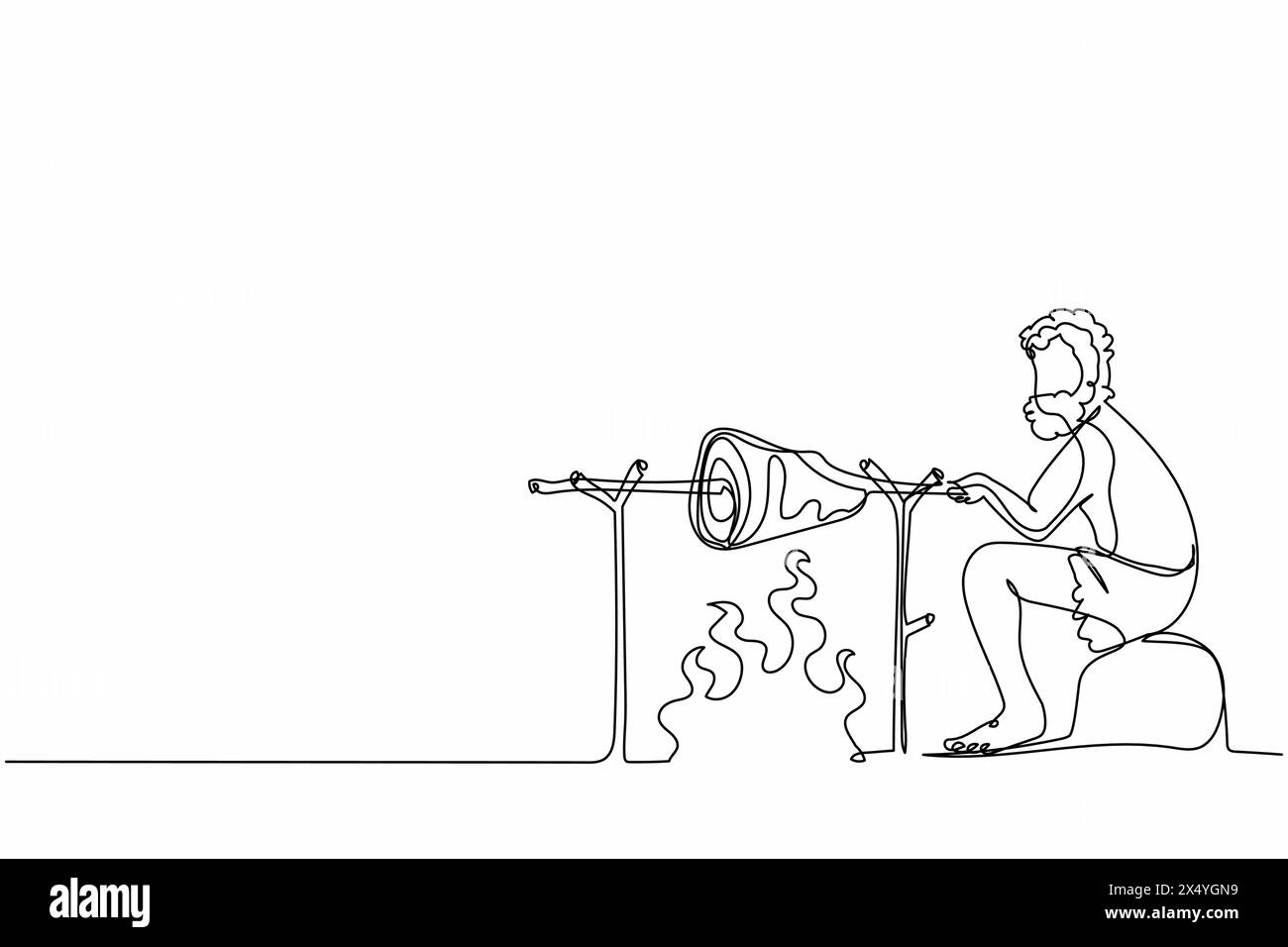 Una linea continua che disegna un uomo dell'età della pietra seduto, che cucina cibo di carne sul fuoco. Uomo preistorico seduto a cucinare carne sul falò. Antico umano. Peccato Illustrazione Vettoriale