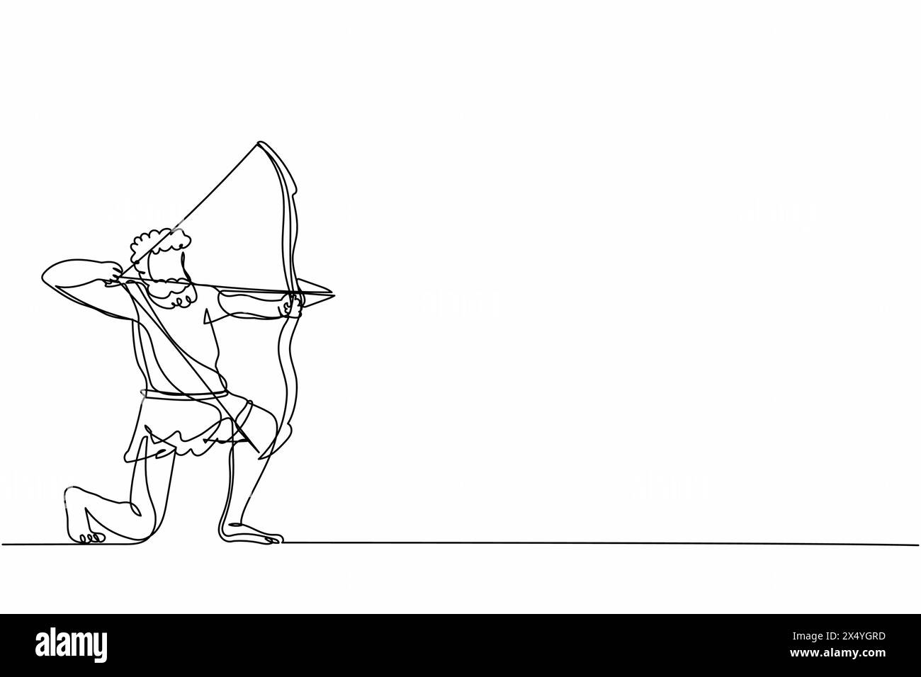 Linea singola continua che disegna un animale primitivo da caccia all'uomo. Cacciatore dell'età della pietra che caccia l'antico animale con arco a freccia, cavalcatore di epoca preistorica con W Illustrazione Vettoriale