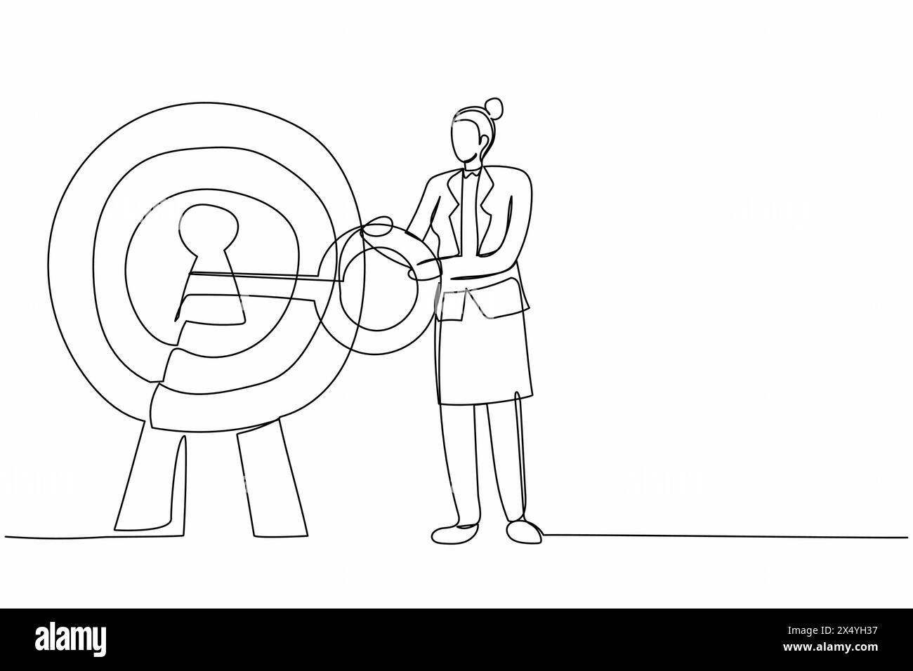 Una donna d'affari con una sola linea ha messo la chiave nel bersaglio "bullseye". Precisione e successo aziendale. Carriera o obiettivo. Segreto per il successo nel lavoro. Illustrazione Vettoriale