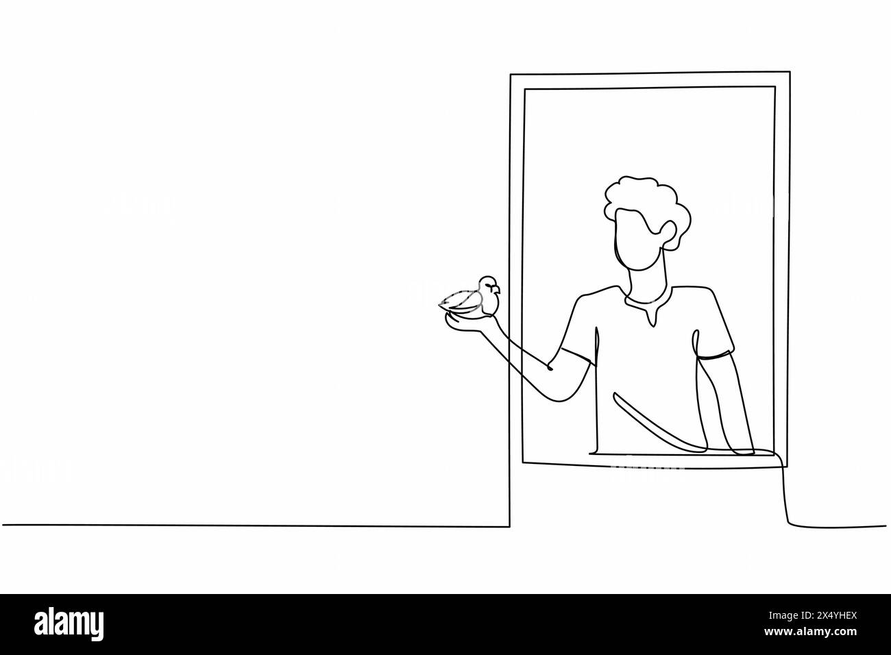 Apre la finestra man con un solo disegno. Estate o primavera, ragazzo con uccello in braccio. Uomo felice sul balcone, aria fresca. Piante, vegetazione. Co Illustrazione Vettoriale Apre la finestra man con un solo disegno. Estate o primavera, ragazzo con uccello in braccio. Uomo felice sul balcone, aria fresca. Piante, vegetazione. Co Illustrazione Vettoriale