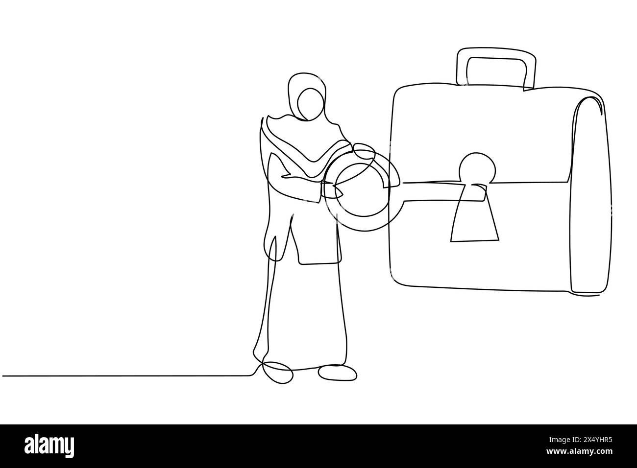 Una linea continua che disegna una donna d'affari araba che mette la chiave nella valigetta. Borsa di sicurezza per documento segreto. Investire portafoglio, titoli, stock mark Illustrazione Vettoriale