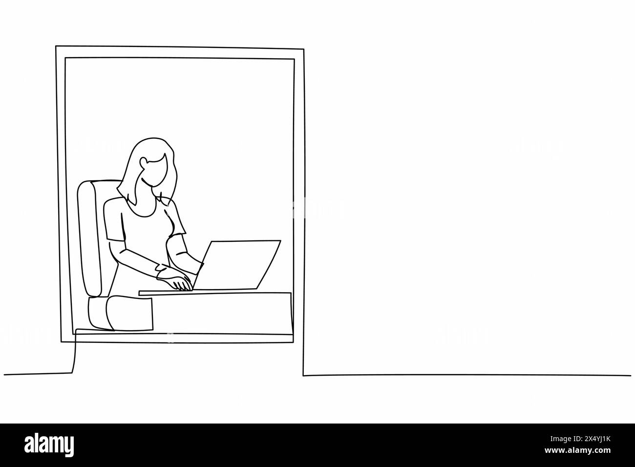 Una sola linea che attira una giovane donna che lavora da casa vicino alla finestra con un laptop. Donna d'affari attiva seduta alla scrivania. Lavoro remoto o ufficio domestico. Conti Illustrazione Vettoriale