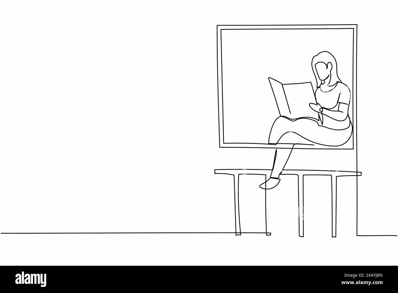 Una sola linea che disegna una giovane donna seduta su davanzale e legge il giornale. Rilassatevi sul balcone. Attività domestiche. Resta a casa durante la quarantena. C Illustrazione Vettoriale