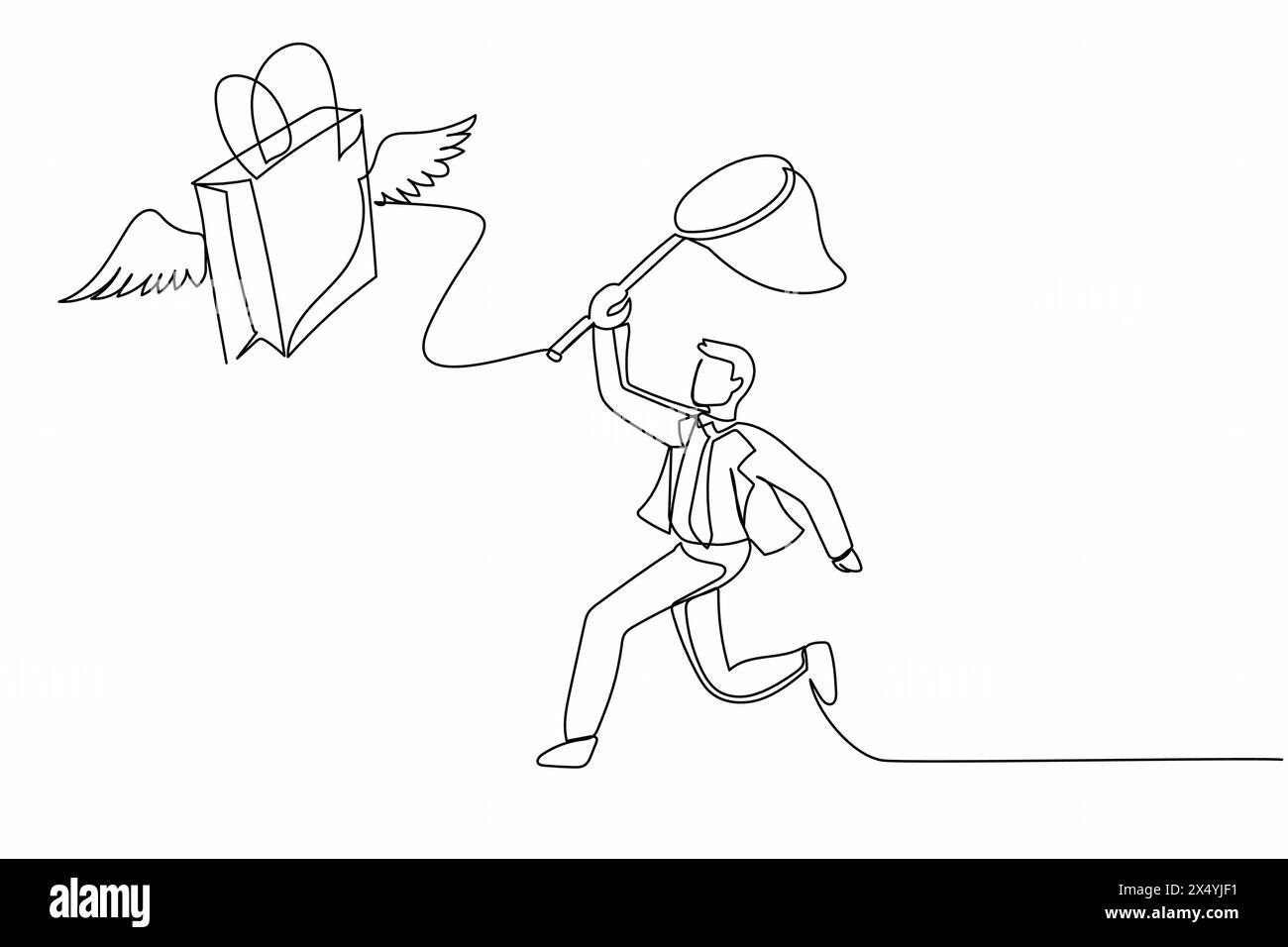 Un uomo d'affari con una linea continua cerca di catturare la borsa della spesa volante con la rete a farfalla. Vendita al dettaglio commerciale, moda e trucco. Illustrazione Vettoriale