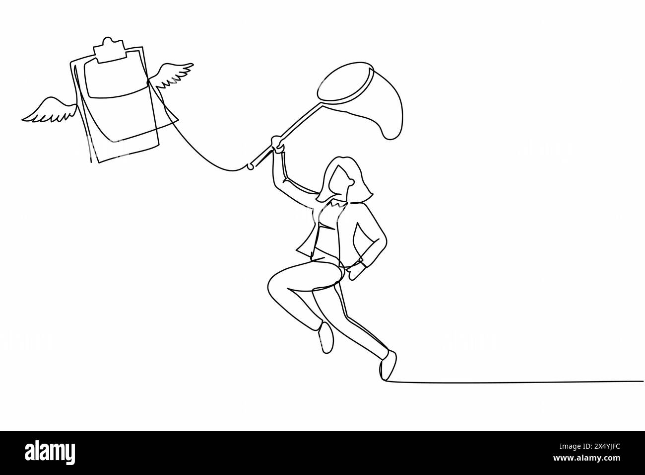 Una donna d'affari con una linea continua cerca di catturare gli appunti volanti con la rete a farfalla. Elenco di controllo mancante. Dati imprecisi, documento, lavoro p Illustrazione Vettoriale