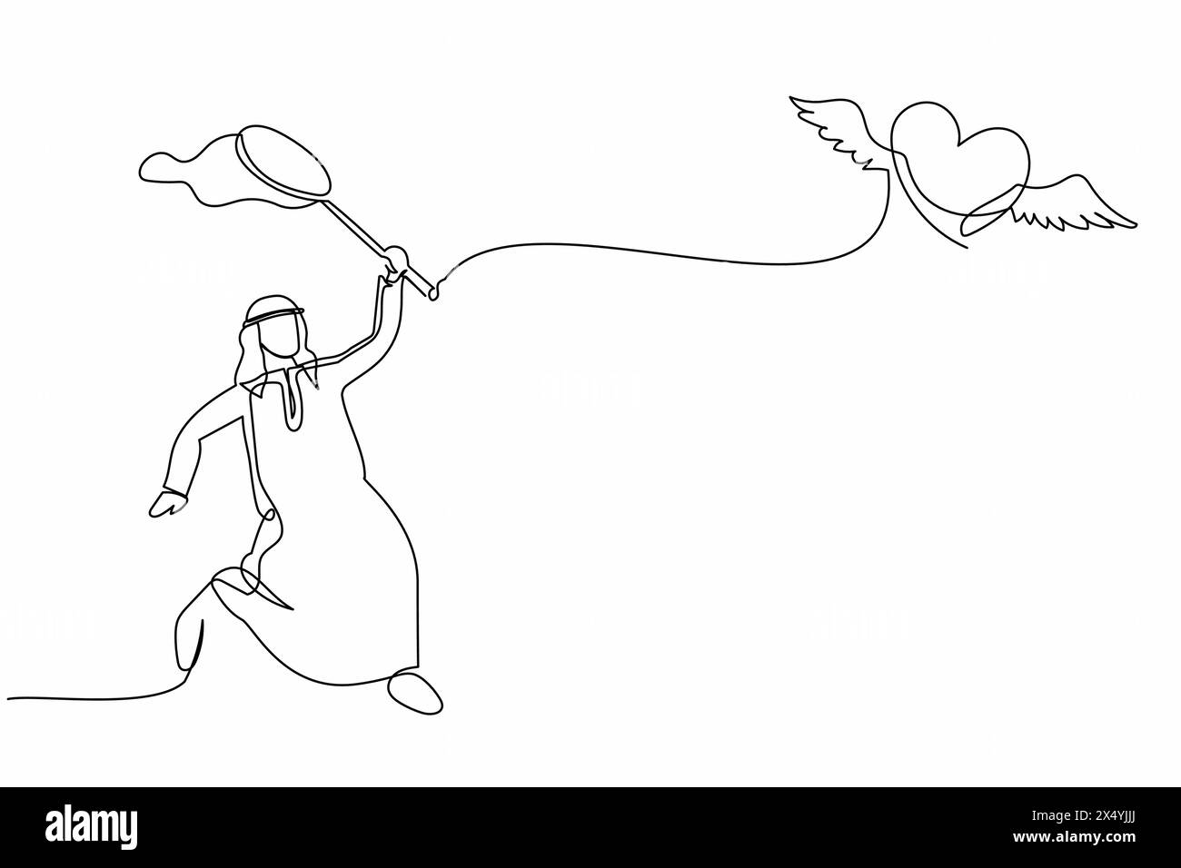 Una sola linea che attira un uomo d'affari arabo cerca di catturare il cuore volante con la rete a farfalla. Rompere la relazione o l'amicizia. Metafora degli affari. Conti Illustrazione Vettoriale