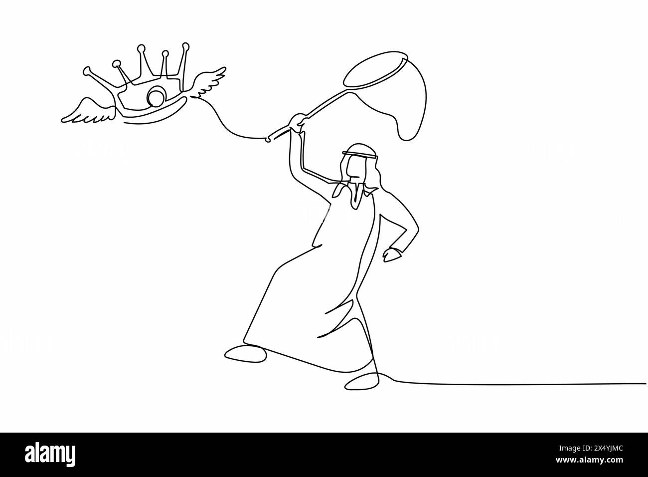 Linea singola continua che disegna un uomo d'affari arabo cerca di catturare la corona volante con la rete a farfalla. Non è riuscito a controllare l'impero degli affari. Metap aziendale Illustrazione Vettoriale