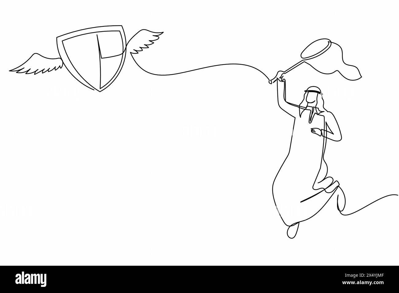 Una linea continua che disegna un uomo d'affari arabo cerca di catturare lo scudo volante con la rete a farfalla. Perdere il budget dell'assicurazione sanitaria. Metapho degli affari Illustrazione Vettoriale
