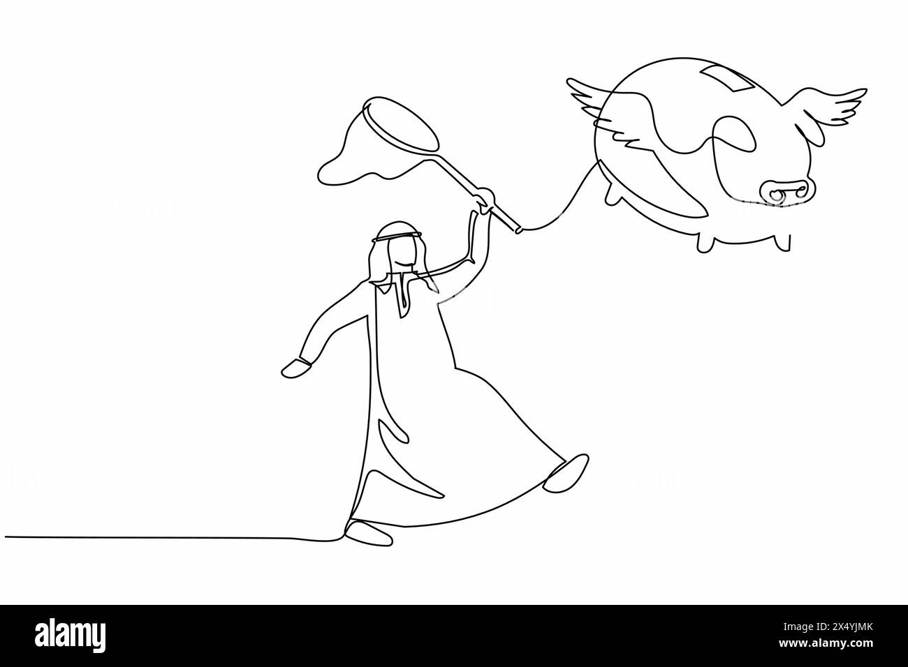 Un uomo d'affari arabo che disegna una linea continua cerca di catturare il salvadanaio volante con la rete a farfalla. Perdita dei risparmi pensionistici. Metafora degli affari Illustrazione Vettoriale